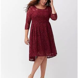 LANE BRYANT BURGUNDY ILLUSION LACE FIT & FLARE DRESS SZ 14